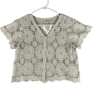 Rebellion Womens Crochet Top SZ M Cream Floral V-Neck Button-Front Boho